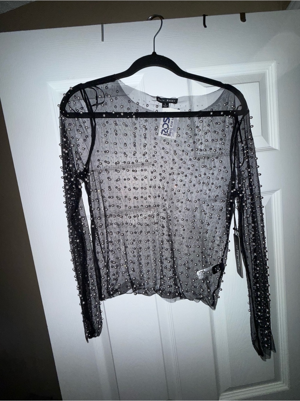 bebe Sheer Black Long-Sleeve Top with Bead Embellishments